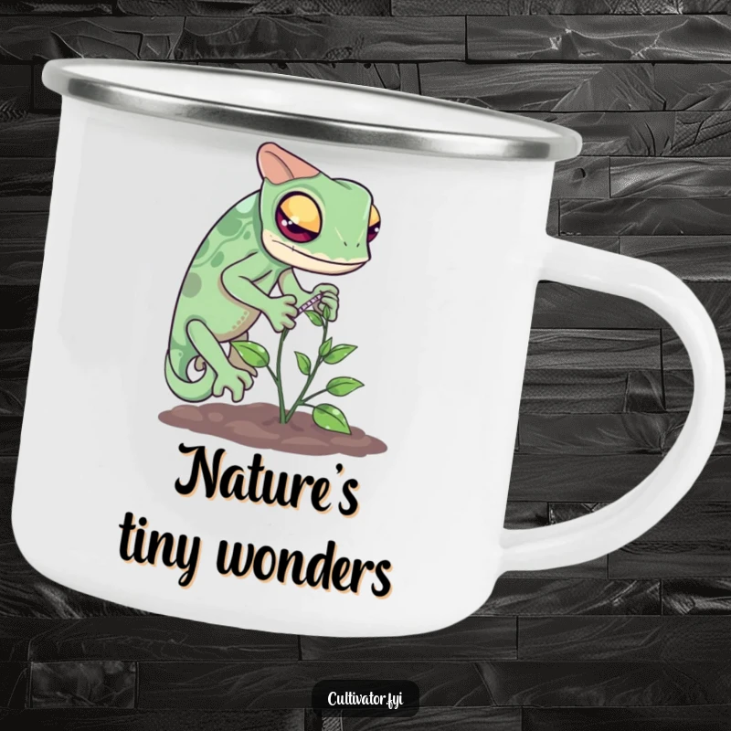 Funny chameleon measuring camping mug showing a curious reptile carefully measuring a tiny vine's growth outdoors.