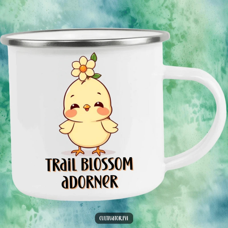 Funny camping mug, happy chick balancing a flower on its head, enamel mug for outdoors, cheerful adventure accessory.