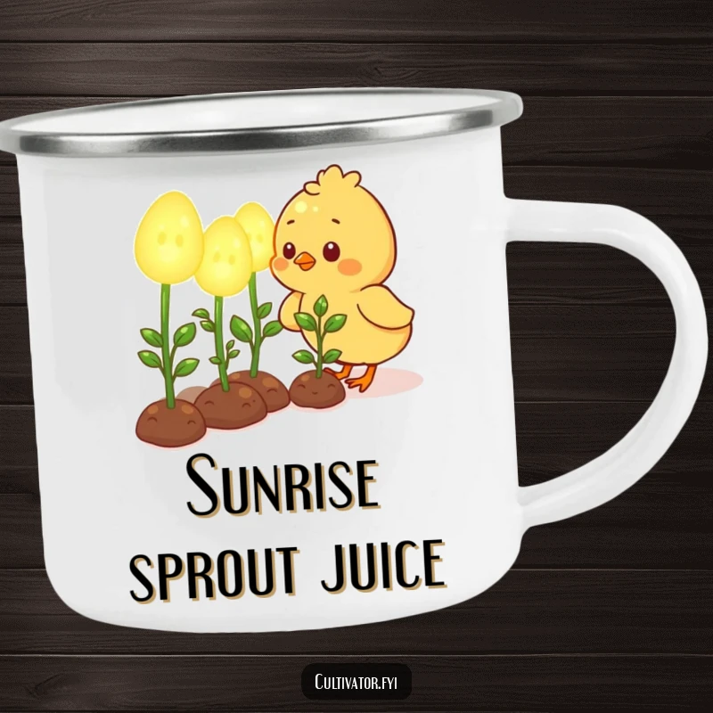 Funny enamel camping mug with a cute chick character happily tending to oversized, glowing seedlings, ideal for outdoor gardeners.