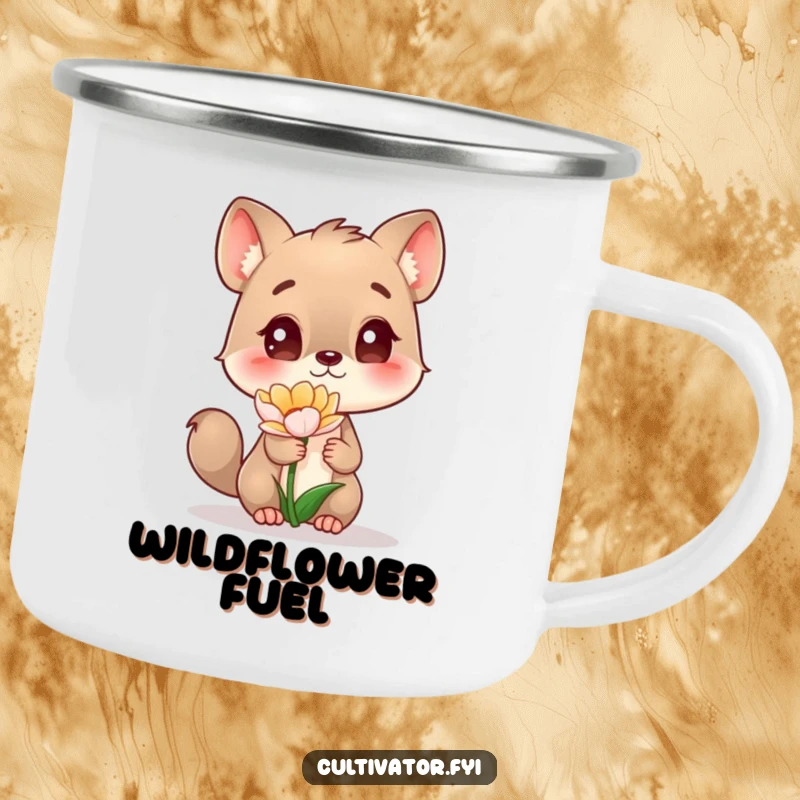 Funny Camping Mug showing a curious animal character fascinated by a flower, designed for outdoor enthusiasts who appreciate nature's beauty.