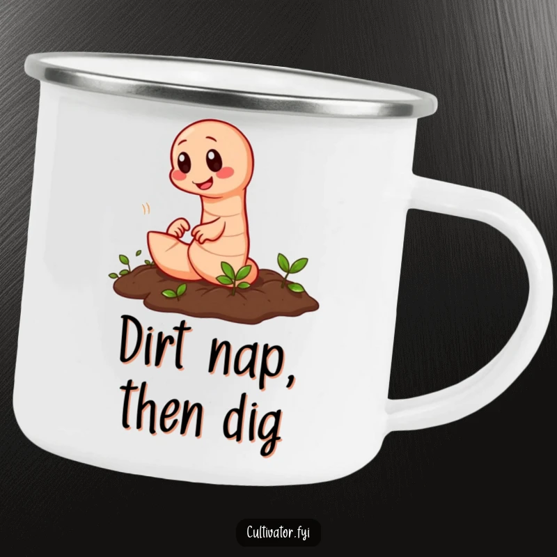 Funny earthworm tilling camping mug showing a diligent worm rapidly working the soil outdoors.
