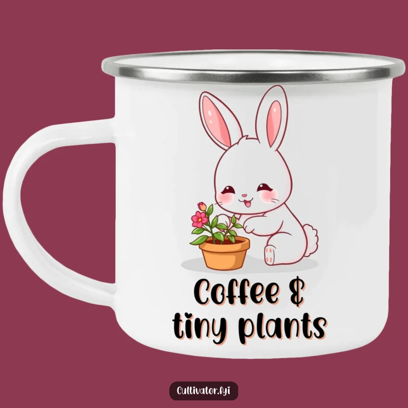 Funny Enamel Camping Mug: Bunny Gardener with Small Plant