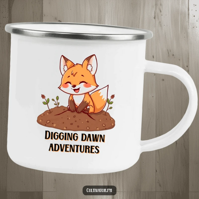 Funny fox camping mug showing a joyful fox digging in dirt, built for outdoor enjoyment and adding humor to campfire moments.
