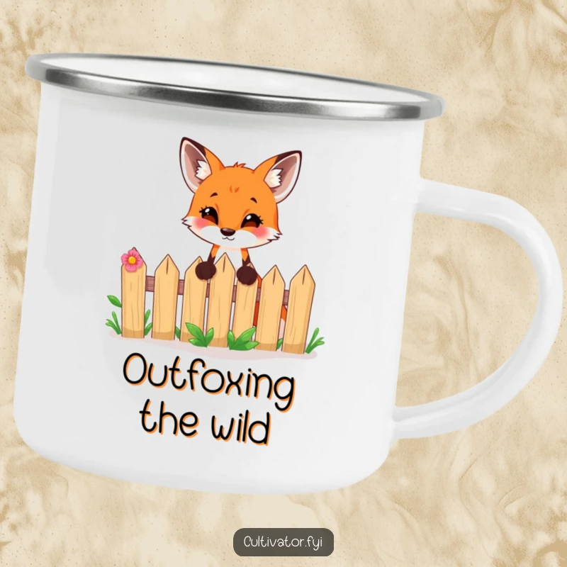 Funny enamel camping mug featuring a curious fox peeking over a garden fence, ready for outdoor adventures.