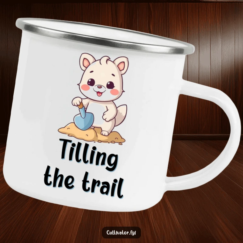Funny camping mug with a cheerful animal character using a trowel to shape the earth, ready for outdoor gardening and humor.
