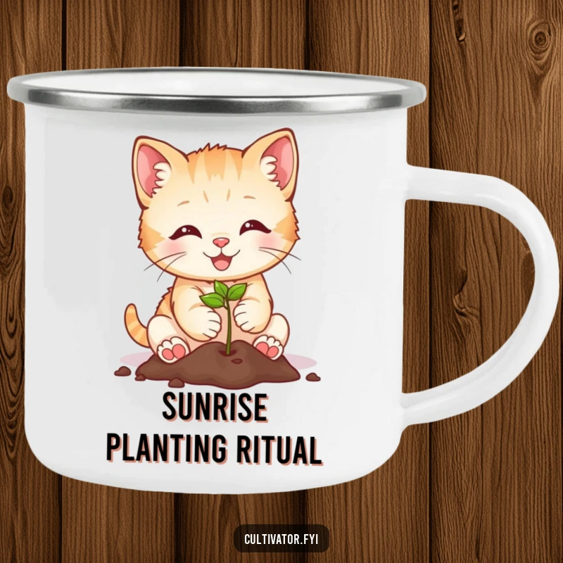 Funny smiling kitten planting a seed on a camping mug, a humorous and durable choice for outdoor gardeners.