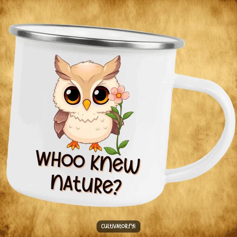 Funny owl camping mug showing a curious owl examining a blooming flower with wide, amazed eyes, a rugged funny gift.