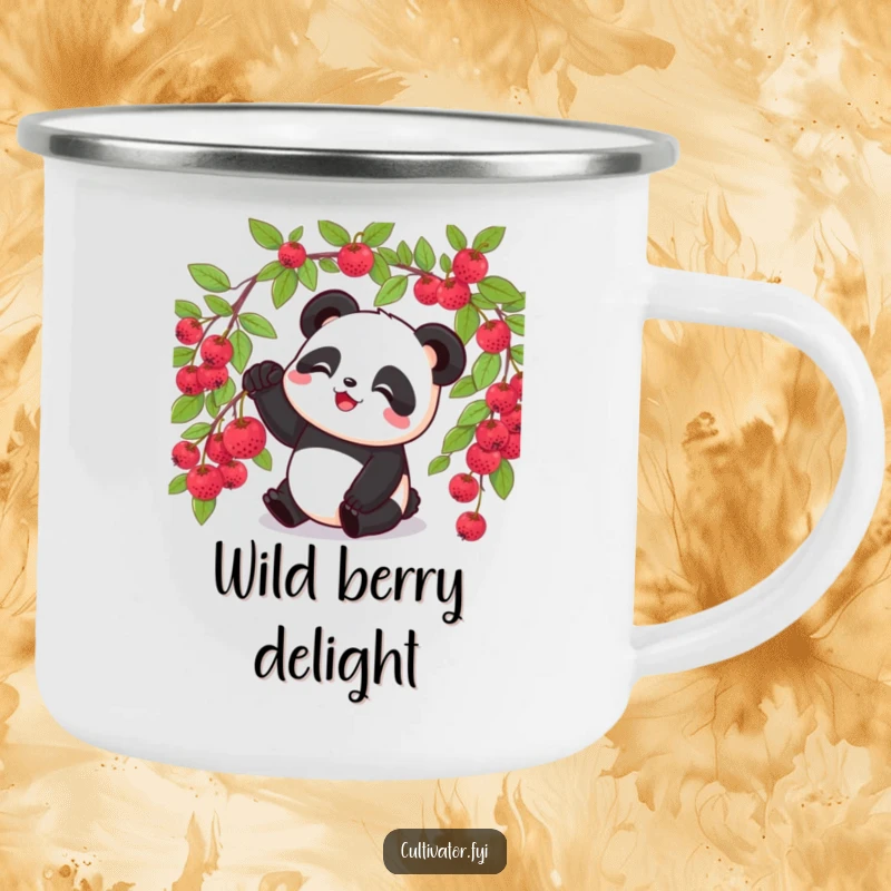 Funny panda camping mug, showing a panda picking a ripe berry from a bush, for outdoor snack lovers.