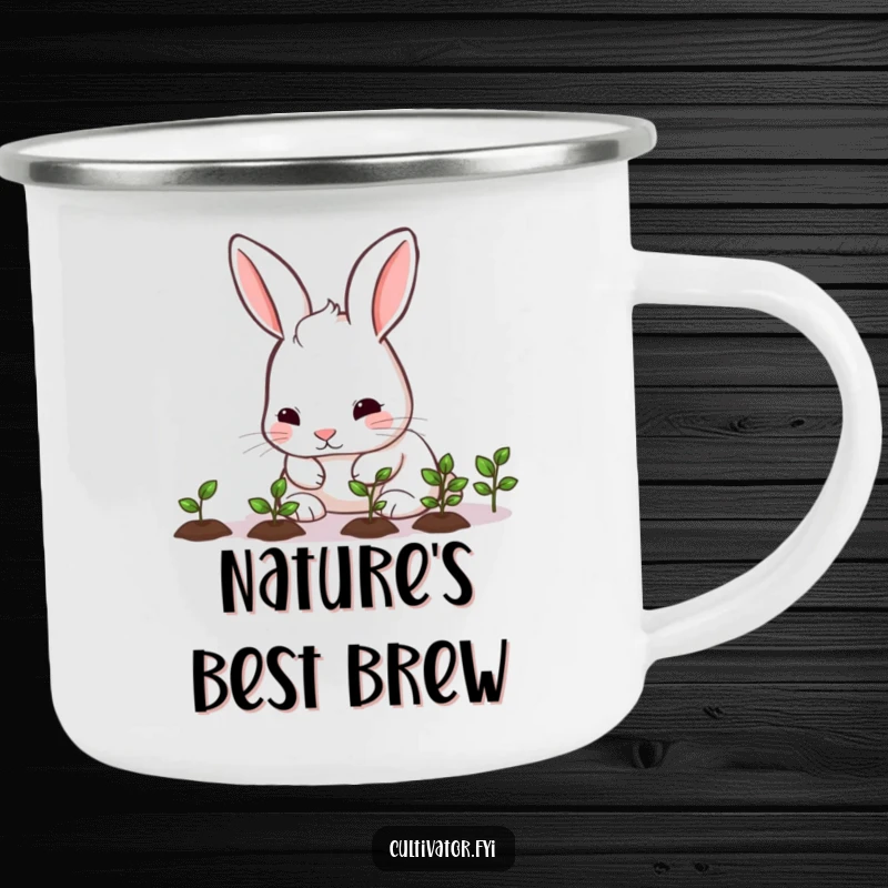Funny rabbit nurturing seedlings on a camping mug, a humorous and durable choice for outdoor gardeners.