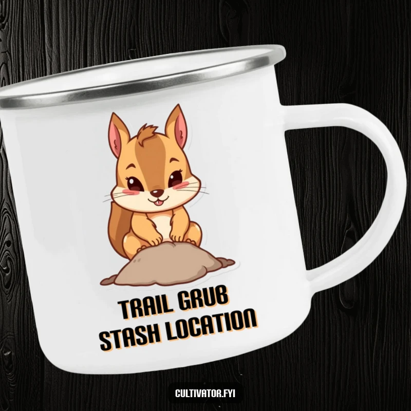 Funny squirrel camping mug with a determined squirrel digging, built for adventure and adding humor to outdoor trips.
