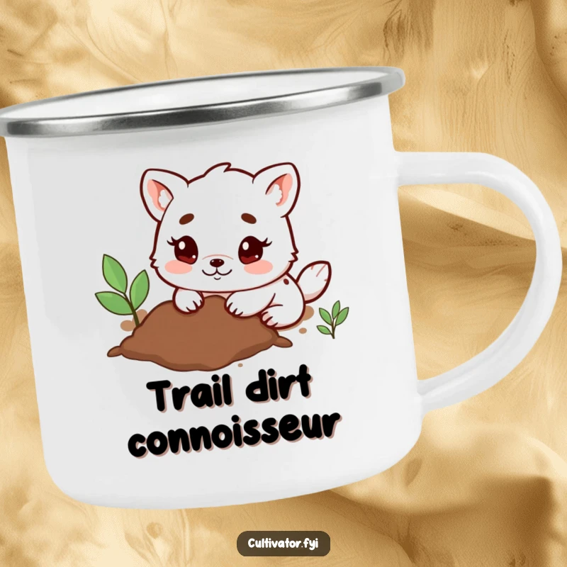 Funny Camping Mug showing a determined animal character happily digging in the soil with small paws, designed for outdoor adventures.
