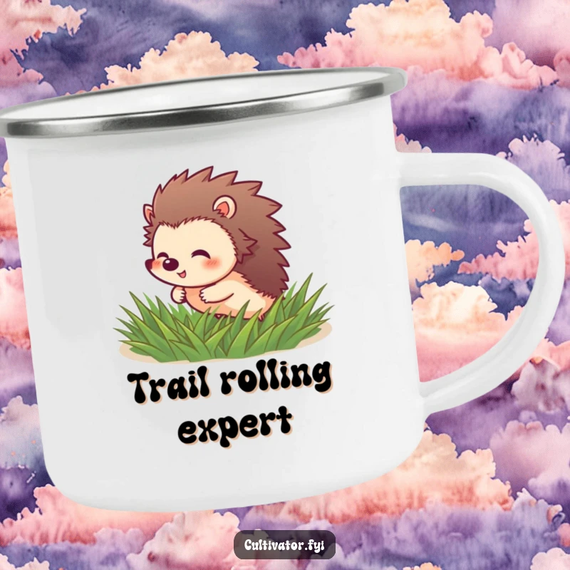 Funny Hedgehog Camping Mug: Giggling hedgehog rolls through soft green grass, great for outdoors.