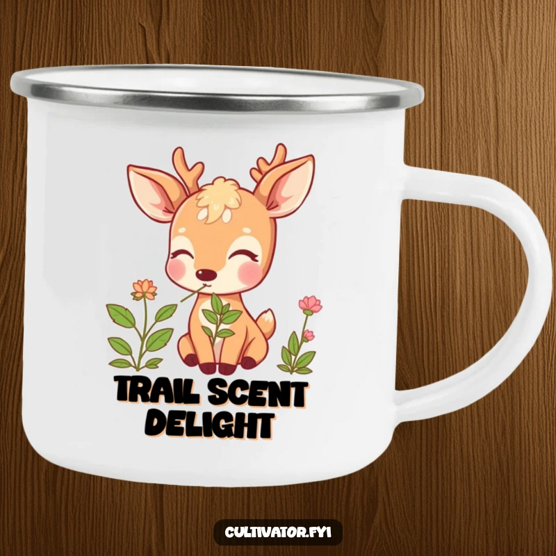 Funny Deer Camping Mug: Beaming deer blissfully smelling a herb, perfect for outdoor drinks and embracing nature.