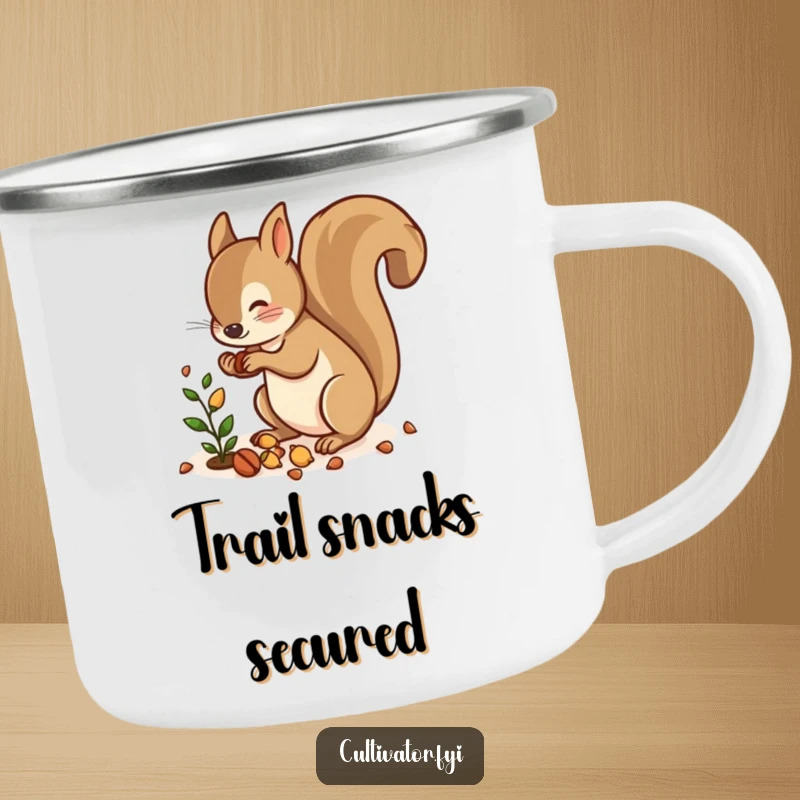 Funny camping mug with a squirrel scattering nuts near a small plant, bringing woodland humor to your outdoor brews.