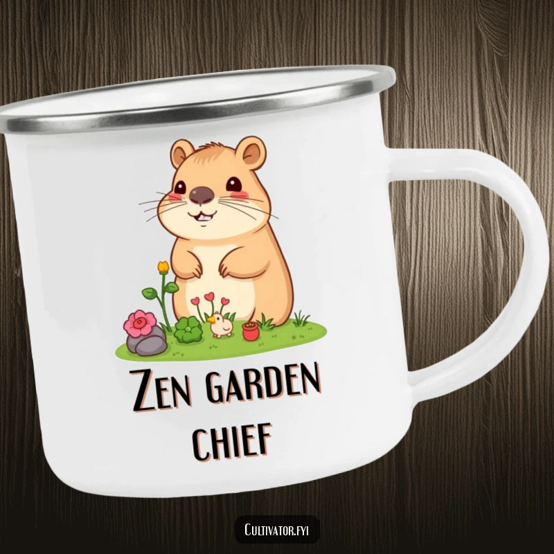 Funny Capybara Camping Mug: Content capybara enjoying its miniature garden, perfect for outdoor adventures and cozy drinks.