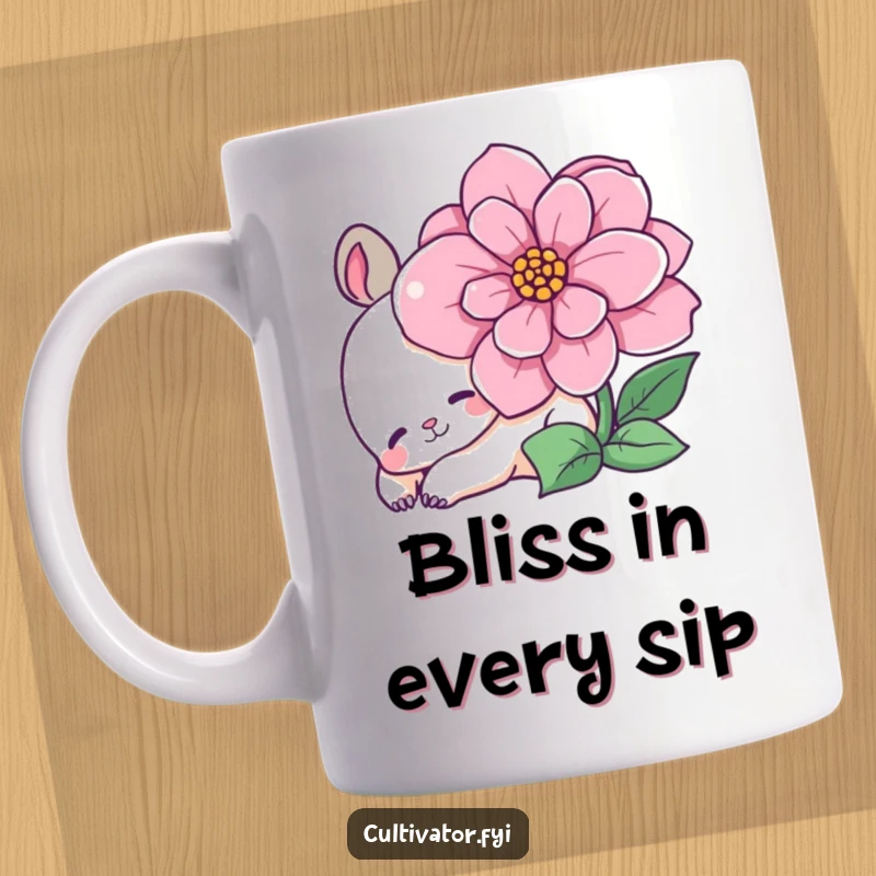 Funny mug featuring a content animal character relaxing peacefully beside a large, blooming vibrant flower, embodying calm and joy.