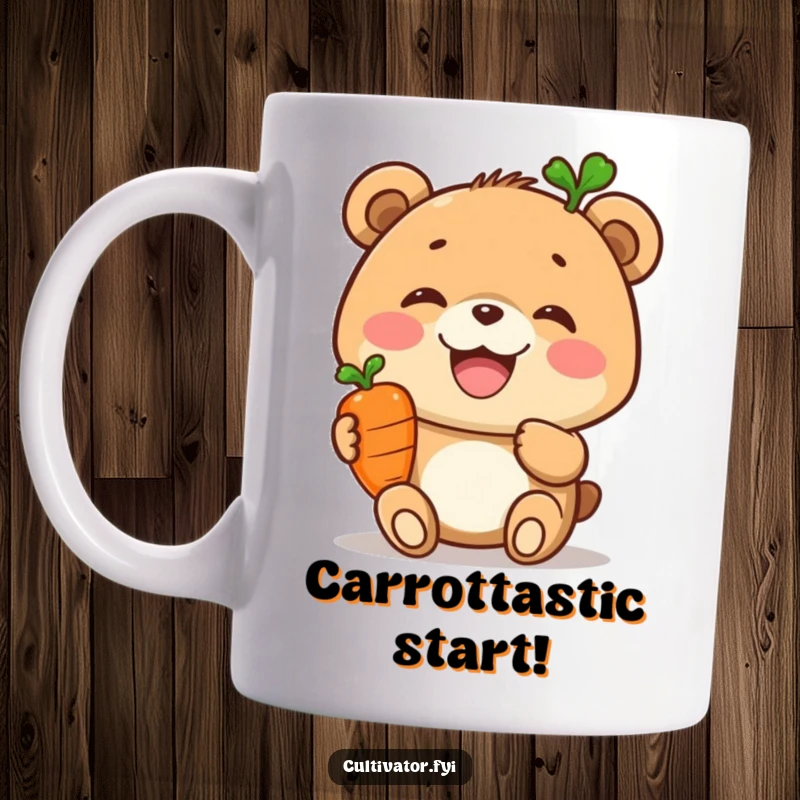 Funny mug, joyful bear character proudly displaying a tiny carrot, happy animal illustration, humorous food lover design.