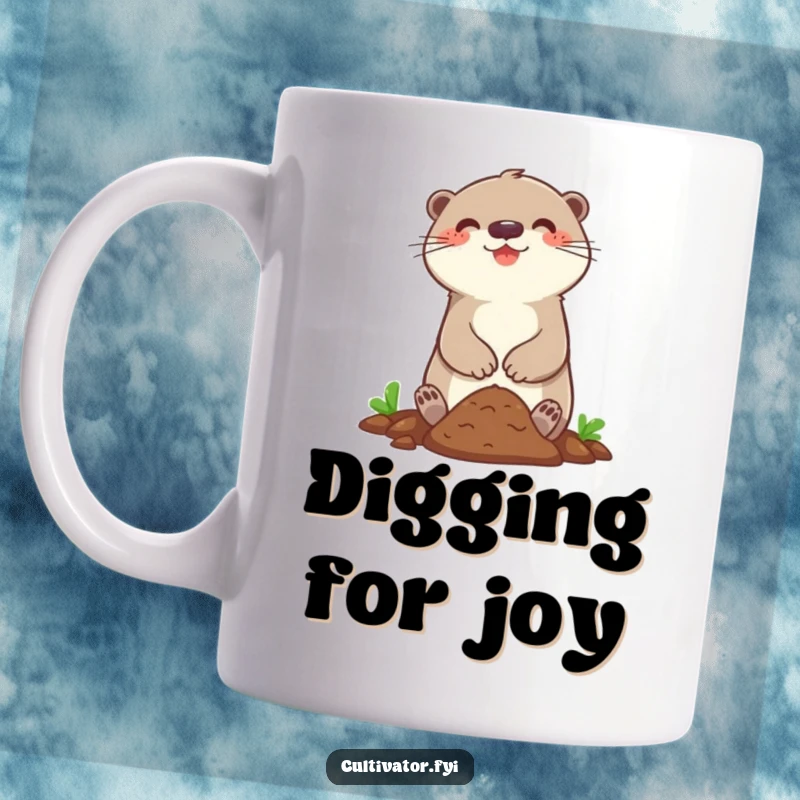 Funny mug with a happy otter character joyfully digging in a small patch of soil with enthusiasm.