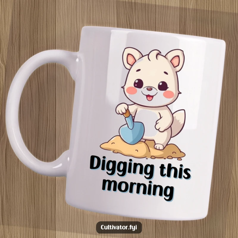 Funny mug featuring a cheerful animal character happily using a small trowel to shape the earth, embodying gardening joy.