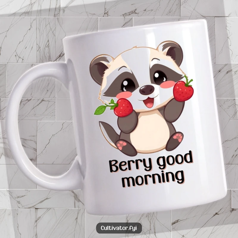 Funny mug featuring a playful badger proudly showing off a freshly picked berry, exuding joy and accomplishment.