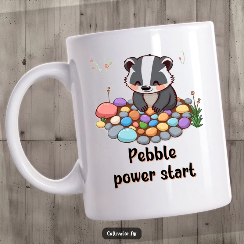 Funny Coffee Mug: A smiling badger carefully arranges colorful pebbles to create a beautiful garden path, showcasing nature's calm.