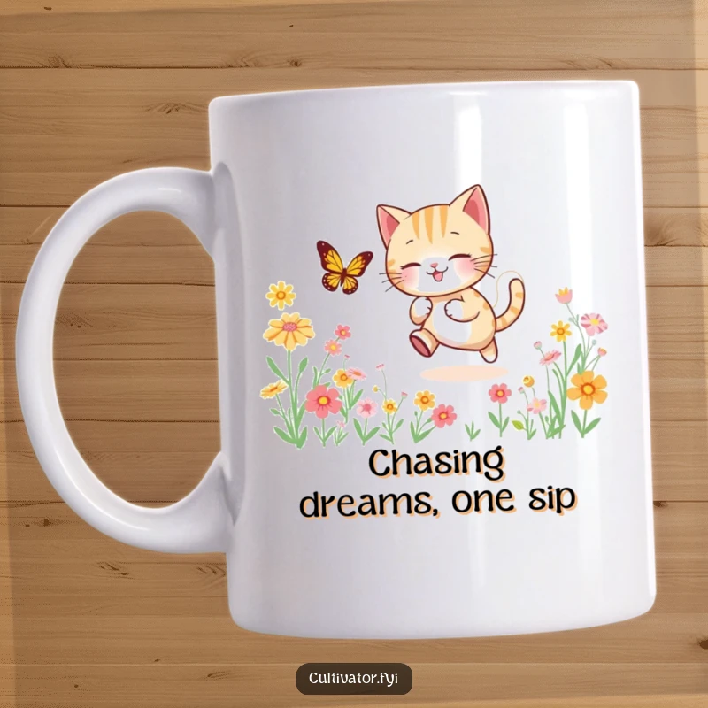 Funny mug showing a dynamic cartoon cat leaping gleefully after a fluttering butterfly amidst a colorful, blooming field of flowers.