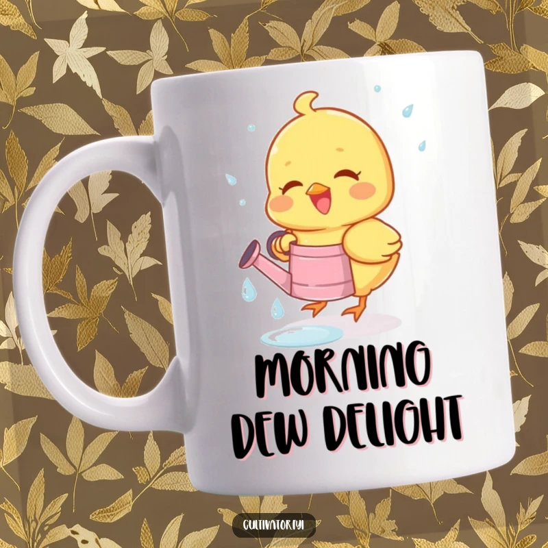 Funny mug featuring a joyous chick happily collecting dewdrops in a tiny watering can, embodying spring cheer and cuteness.