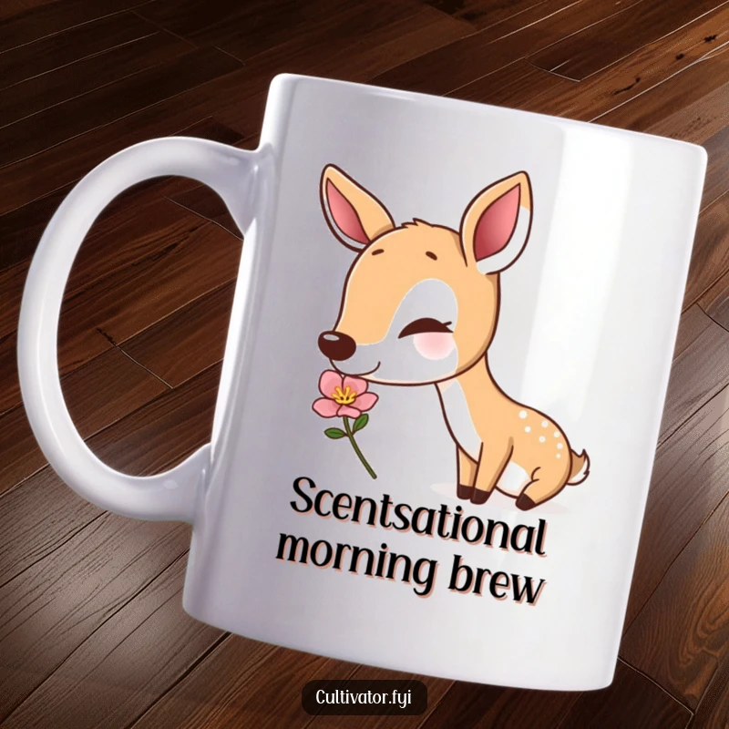 Funny deer mug, a contented deer gently sniffing a beautiful blossoming flower, peaceful nature scene, perfect gift for animal lovers.