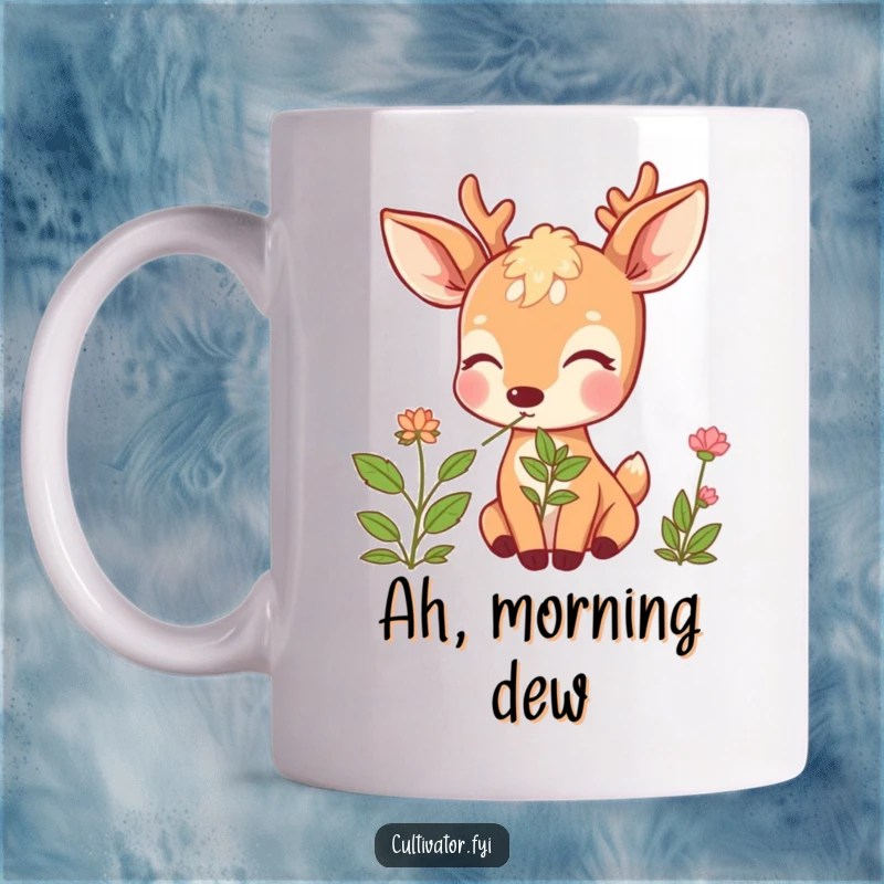 Funny Deer Mug: Beaming deer with closed eyes joyfully sniffing a fragrant herb, conveying peace and happiness.