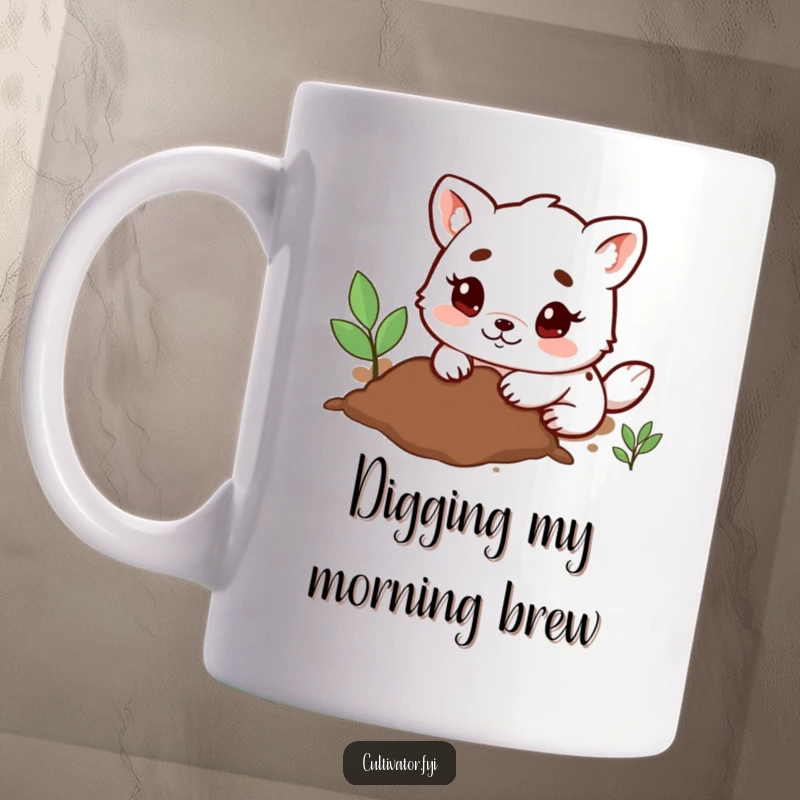 Funny Mug featuring a determined animal character happily digging in soil with its small paws, celebrating the joy of gardening.
