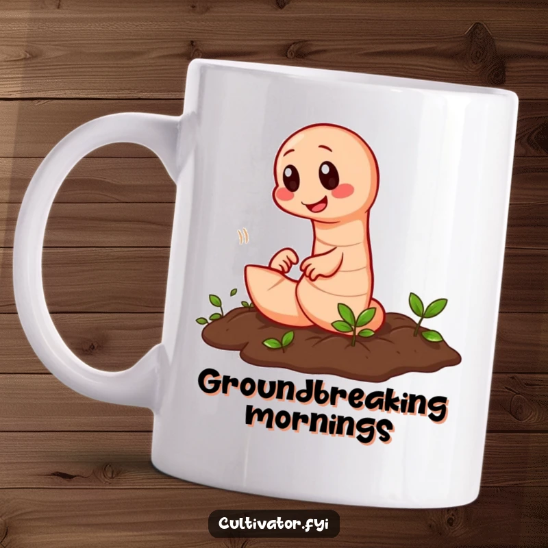 Funny earthworm mug showing a diligent worm rapidly tilling a patch of soil, looking focused and quick.