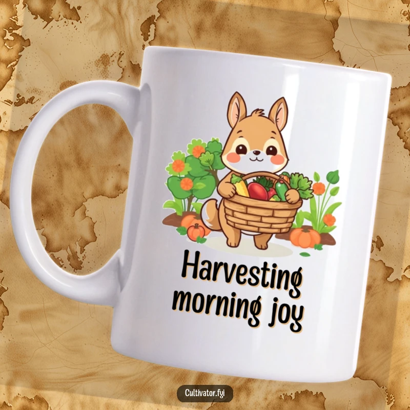 Funny mug featuring a smiling animal character offering a basket brimming with freshly grown produce, representing abundance and joy.