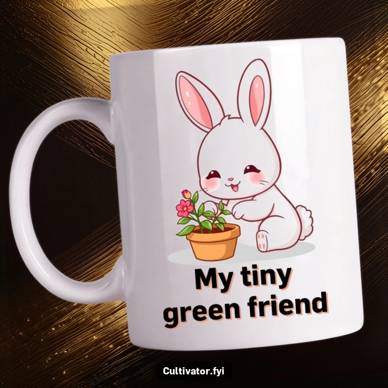 Funny mug with a smiling bunny character happily watering a very small, vibrant potted plant with care.