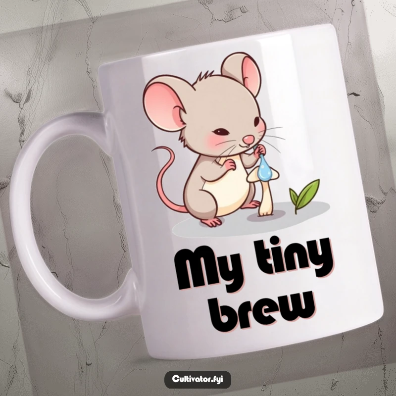 Funny Mouse Mug: Determined mouse character carefully waters a minuscule mushroom with a dropper, showing focus.