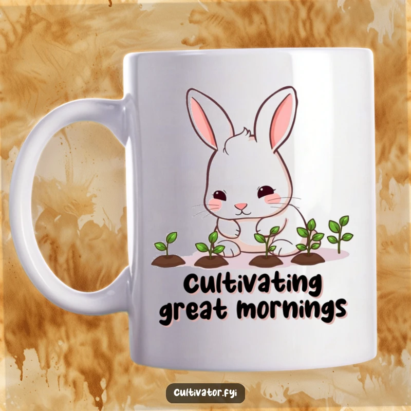 Funny rabbit carefully nurturing a row of seedlings, depicted on a mug, a humorous and thoughtful gardener's gift.
