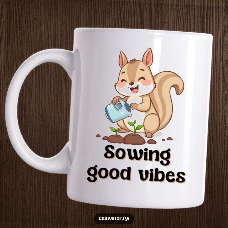 Funny cute squirrel joyfully planting a tiny seed with a watering can, a cheerful and humorous mug design.
