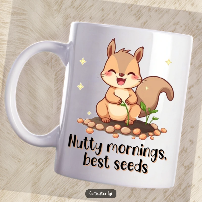 Funny mug featuring a joyful squirrel character meticulously planting sparkling seeds, embodying a funny and dedicated gardener's spirit.