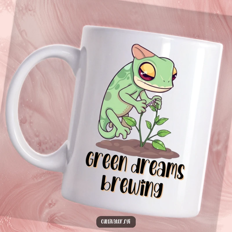 Funny chameleon mug showing a curious reptile carefully measuring the growth of a very tiny vine with a ruler.