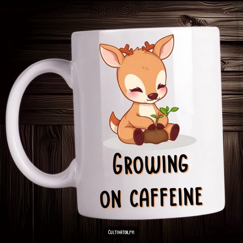 Funny perky deer mug, gently nurturing a tiny sprouting seedling with its soft paws, symbolizing care and new beginnings.