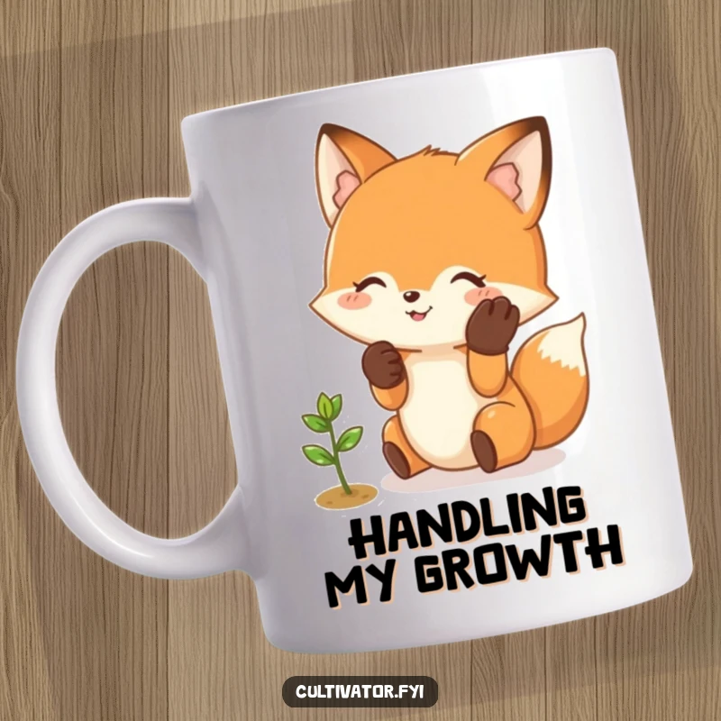 Funny Fox Mug: Happy fox character wearing gloves gently tends to a small sprout, showing care.