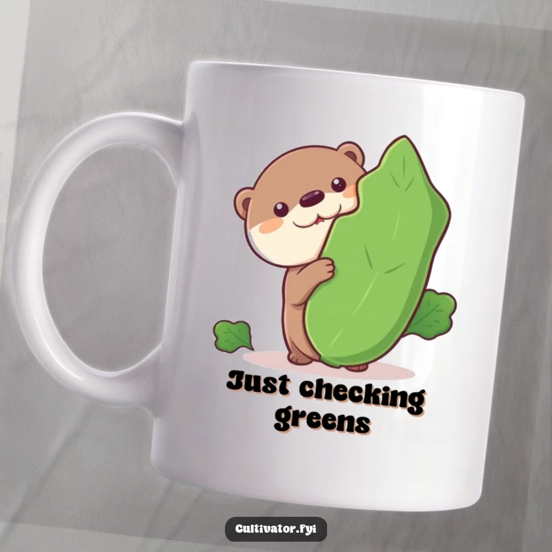 Funny mug, curious otter peeking from behind a giant leafy vegetable, adorable animal illustration, playful and humorous design.