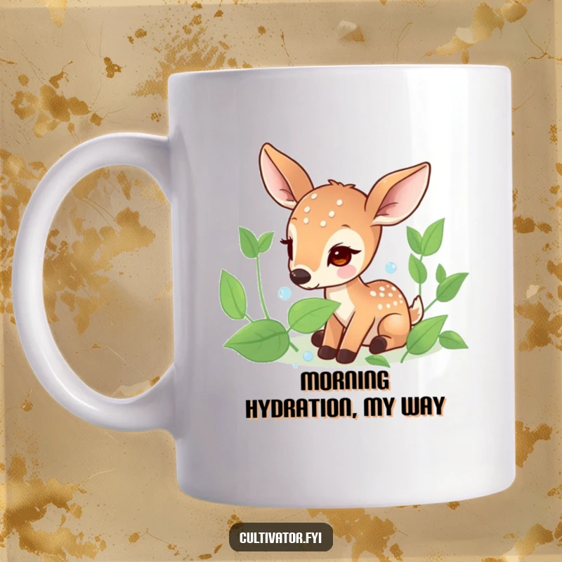 Funny mug showing a focused deer character delicately collecting sparkling dew drops from lush green leaves with great care and precision.