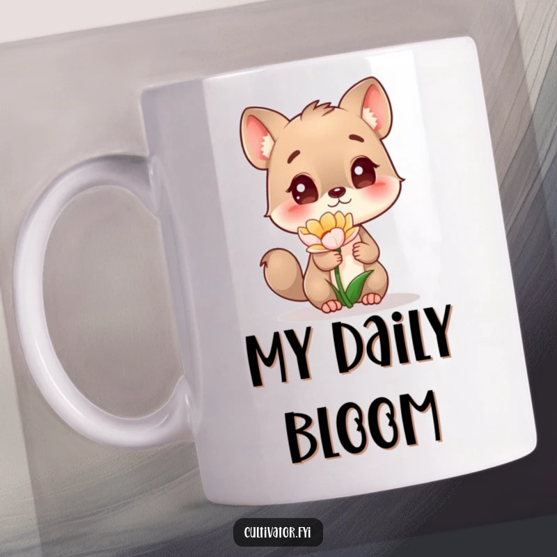 Funny Mug featuring a curious animal character looking with fascination at a small, burgeoning flower, celebrating nature's subtle beauty.
