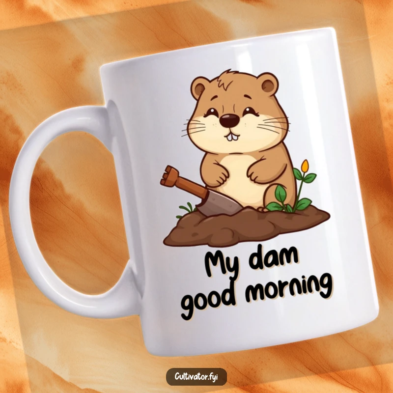 Funny beaver mug showing a diligent beaver digging a garden bed with a determined expression, perfect gift for gardeners.