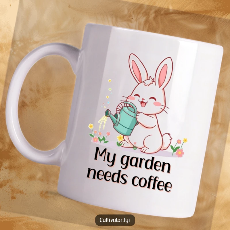Funny Bunny Mug: Cheerful bunny watering can sprinkles tiny flowers with pure joy and happiness, a delightful garden scene.