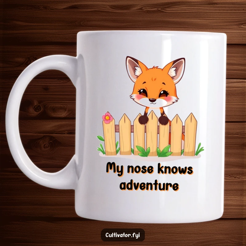 Funny mug featuring a curious fox peeking over a garden fence with wide-eyed excitement, perfect for a gift.