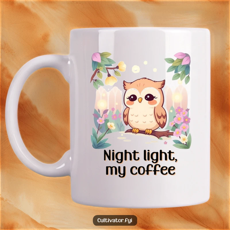 Funny mug with a calm owl character observing twinkling fireflies illuminate a vibrant, lush garden scene under the night sky.