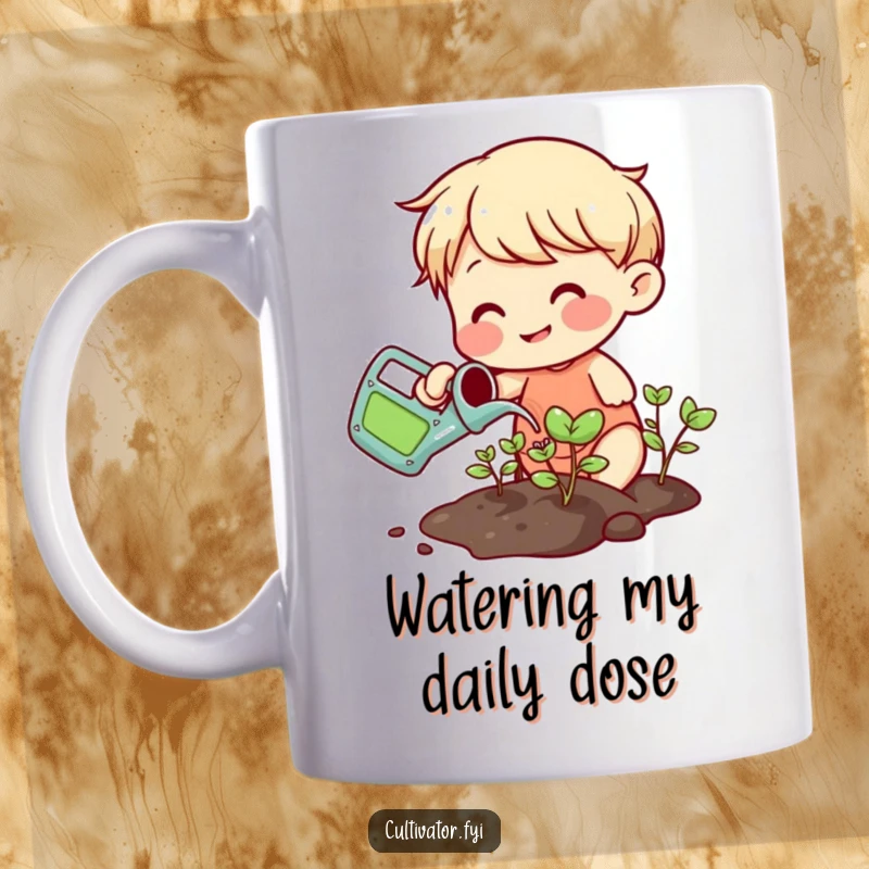 Funny smiling character watering sprouts with a small colorful watering can mug, highlighting nurturing and growth.