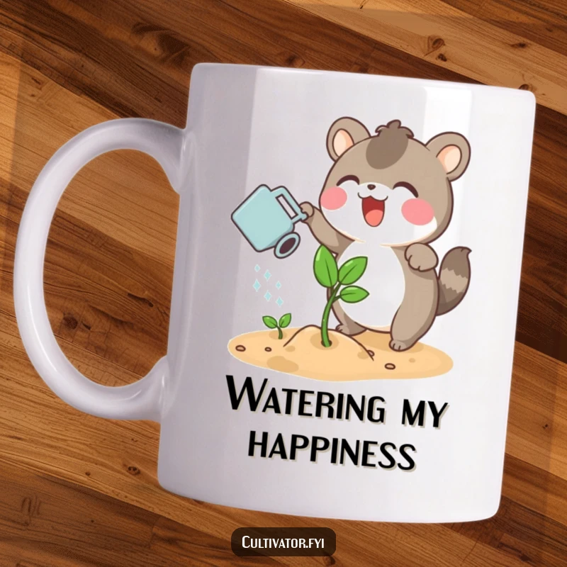 Funny mug with an excited animal character watering a sprouting plant with a small watering can, showing nurturing joy.