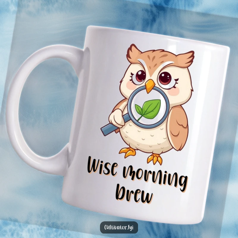 Funny owl mug, peering intently through a magnifying glass at a tiny green leaf, showcasing curiosity.